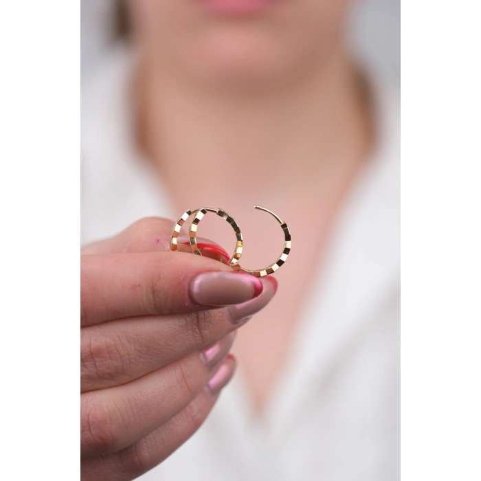 14 Ayar Altın Altıgen Taşlı Köşeli Halka Küpe 1132