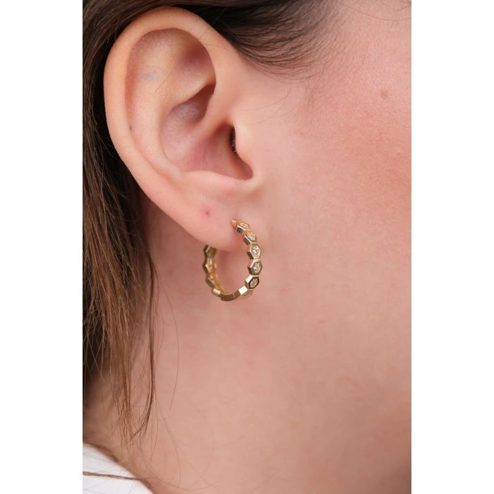 14 Ayar Altın Altıgen Taşlı Köşeli Halka Küpe 1132