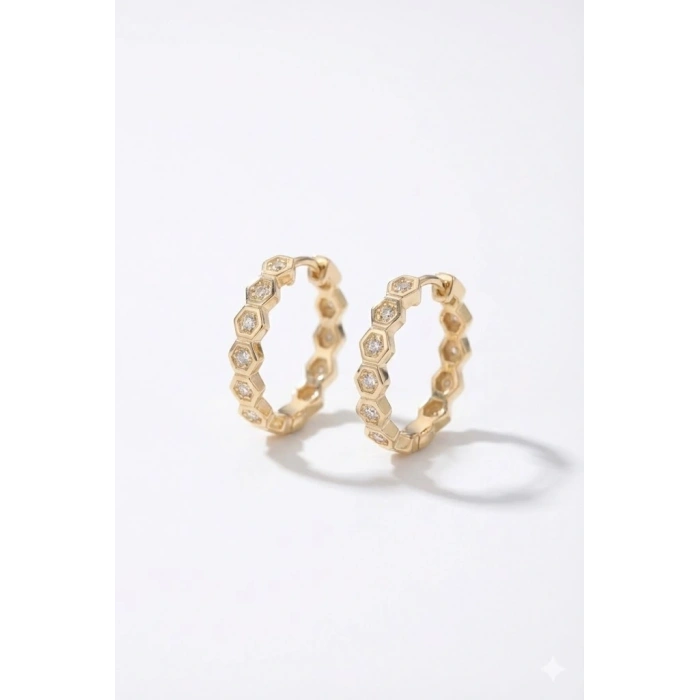 14 Ayar Altın Altıgen Taşlı Köşeli Halka Küpe 1132