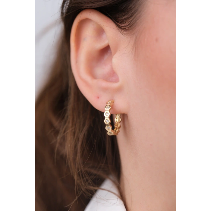 14 Ayar Altın Altıgen Taşlı Köşeli Halka Küpe 1132