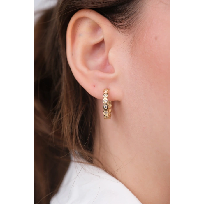 14 Ayar Altın Altıgen Taşlı Köşeli Halka Küpe 1132