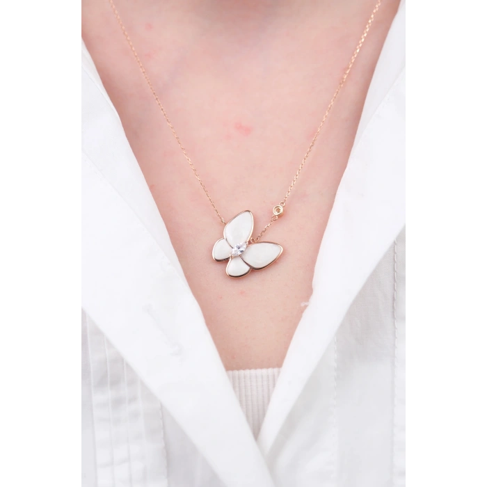 14 Ayar Altın Beyaz Kelebek Kolye 899