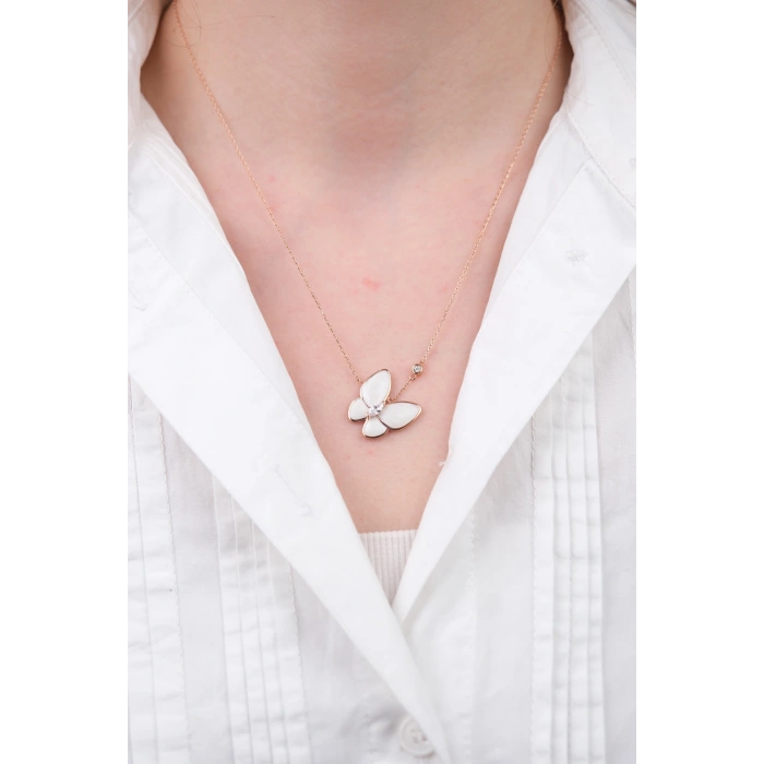 14 Ayar Altın Beyaz Kelebek Kolye 899