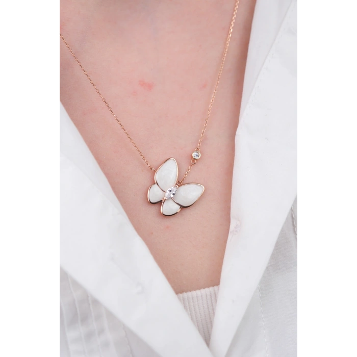 14 Ayar Altın Beyaz Kelebek Kolye 899