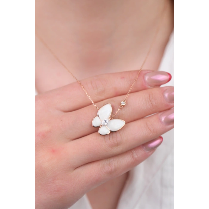 14 Ayar Altın Beyaz Kelebek Kolye 899