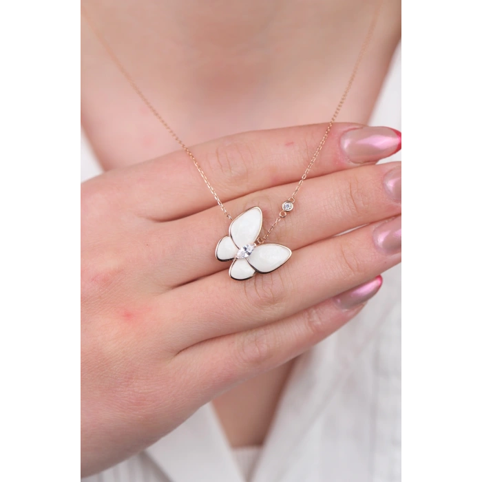 14 Ayar Altın Beyaz Kelebek Kolye 899