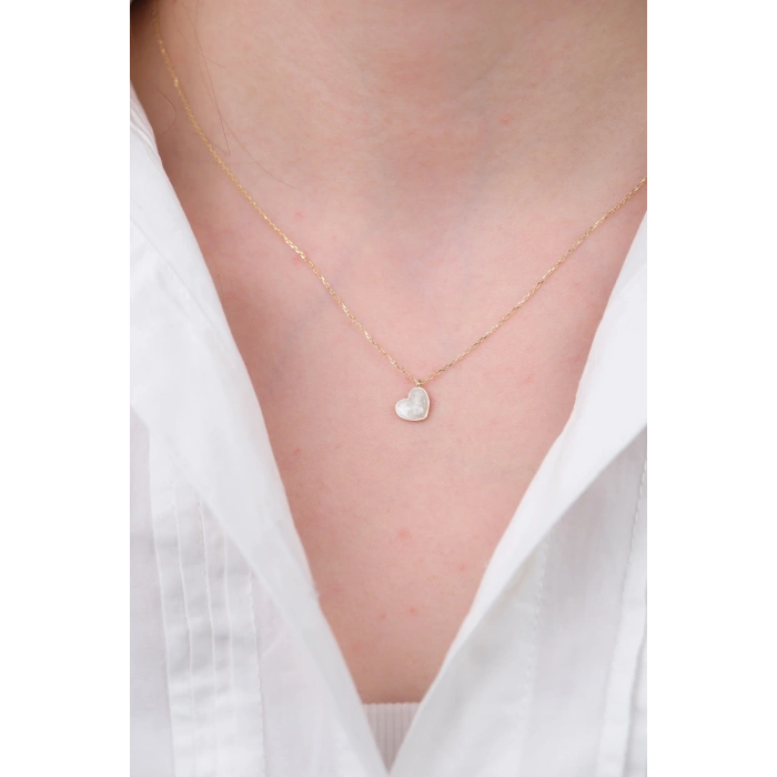 14 Ayar Altın Beyaz Minimal Kalp Kolye 604