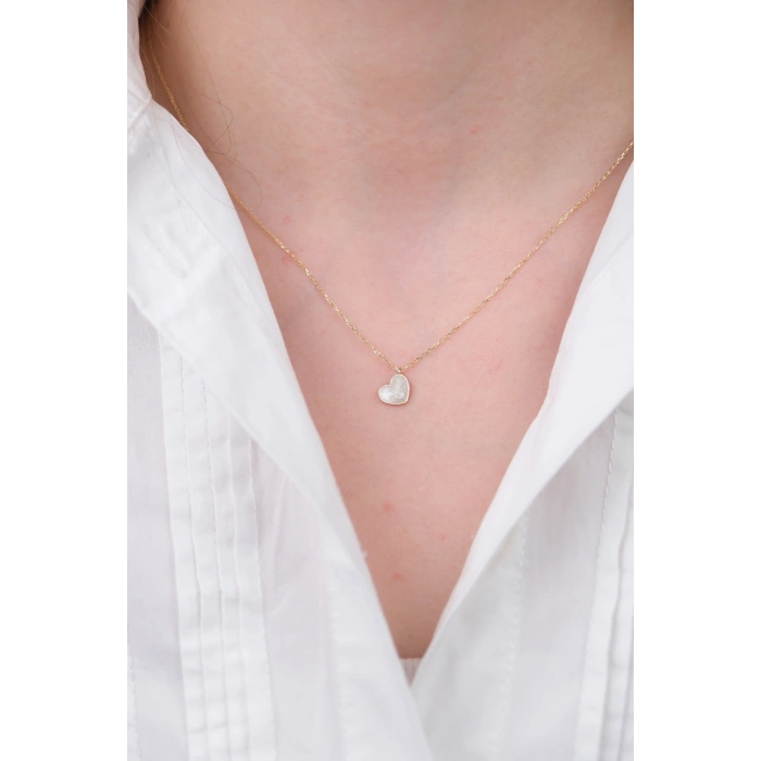 14 Ayar Altın Beyaz Minimal Kalp Kolye 604