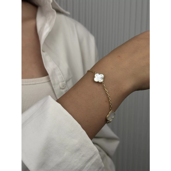 14 Ayar Altın Beyaz Yonca Bileklik 1046