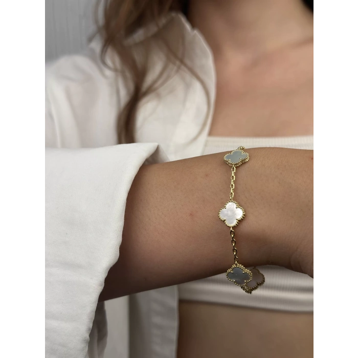 14 Ayar Altın Beyaz Yonca Bileklik 1047