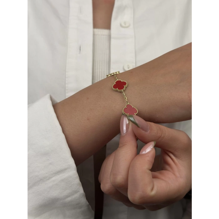 14 Ayar Altın Bordo Yonca Bileklik 1038