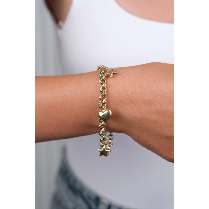 14 Ayar Altın Kalpli Yıldızlı Bileklik 989