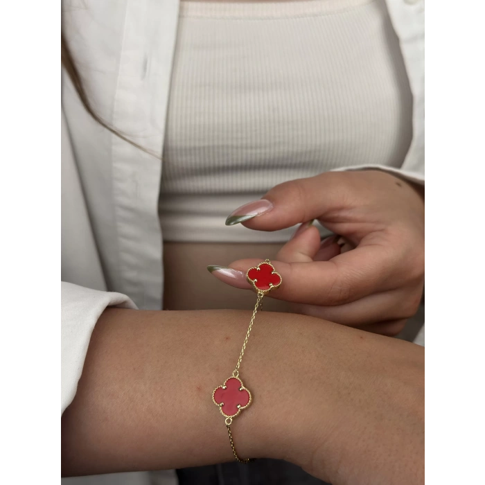 14 Ayar Altın Kırmızı Yonca Bileklik 1017