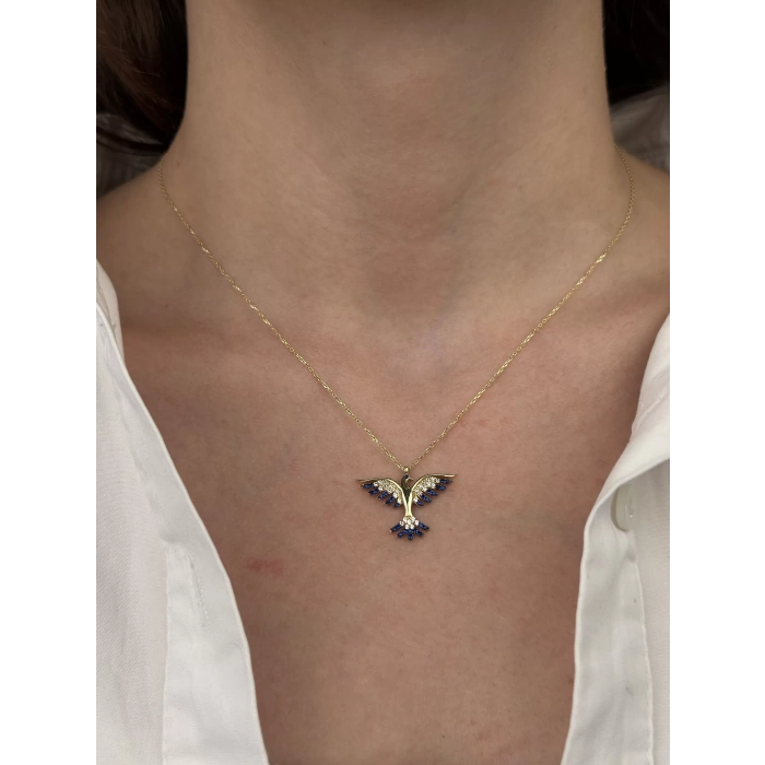 14 Ayar Altın Mavi Taşlı Anka Kuşu Kolye 874