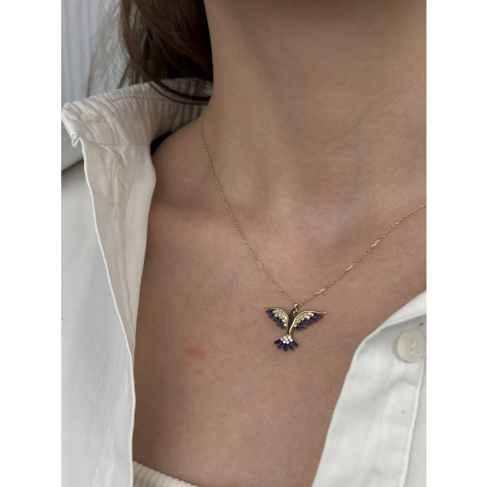 14 Ayar Altın Mavi Taşlı Anka Kuşu Kolye 874