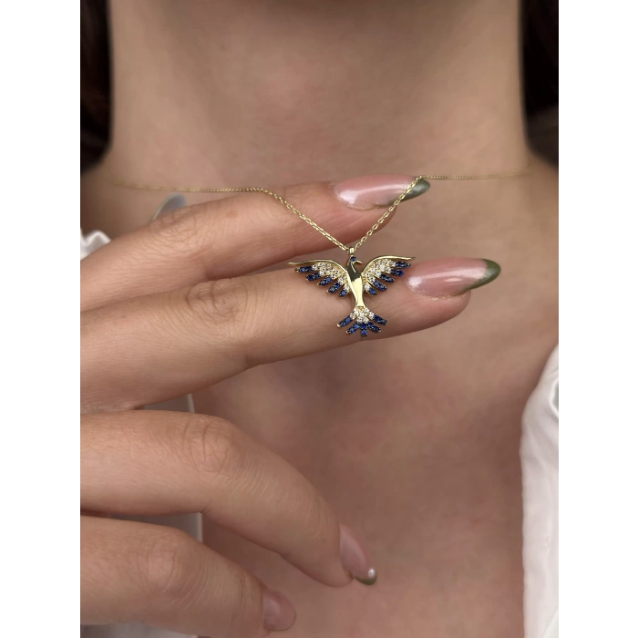 14 Ayar Altın Mavi Taşlı Anka Kuşu Kolye 874