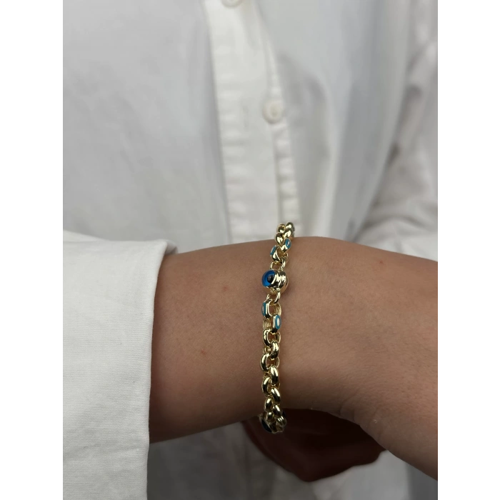 14 Ayar Altın Mavi Taşlı Nazar Boncuklu Bileklik 525