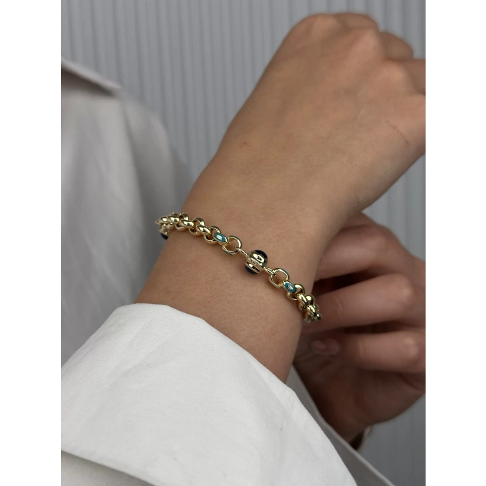 14 Ayar Altın Mavi Taşlı Nazar Boncuklu Bileklik 525