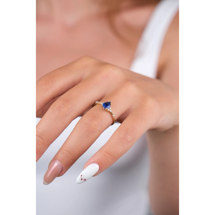 14 Ayar Altın Mavi Taşlı Oval Yüzük 941