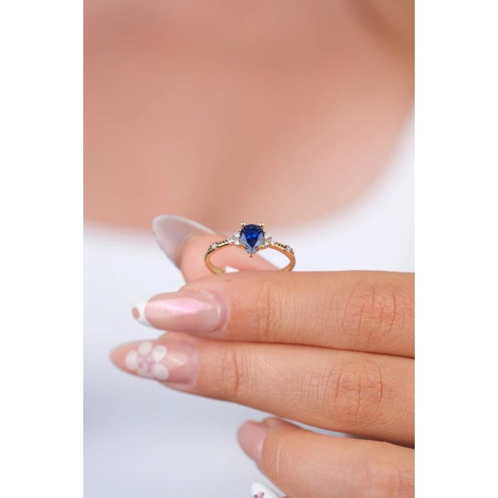 14 Ayar Altın Mavi Taşlı Oval Yüzük 941