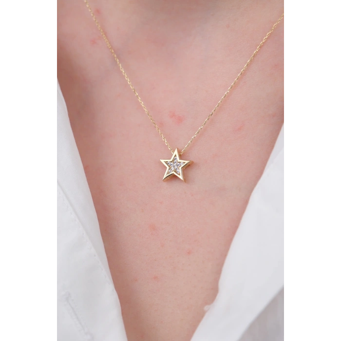14 Ayar Altın Minimal Taşlı Yıldız Kolye 509