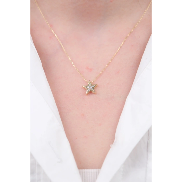 14 Ayar Altın Minimal Taşlı Yıldız Kolye 509