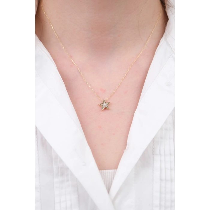 14 Ayar Altın Minimal Taşlı Yıldız Kolye 509