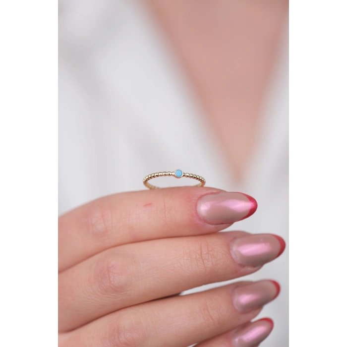 14 Ayar Altın Minimal Top Top Firuze Yüzük 1018