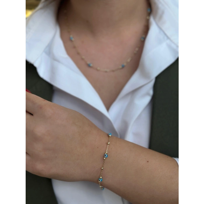 14 Ayar Altın Mini Dorika Göz Kolye-Bileklik SET 105