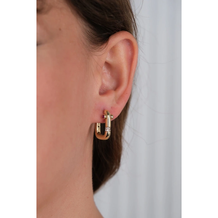 14 Ayar Altın Pembe Taşlı Kare Küpe 734