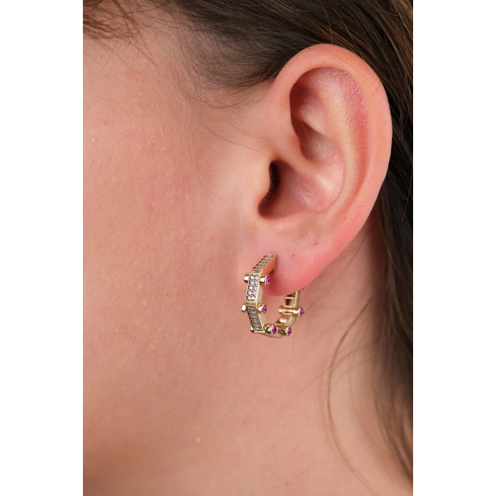 14 Ayar Altın Pembe Taşlı Küpe 735