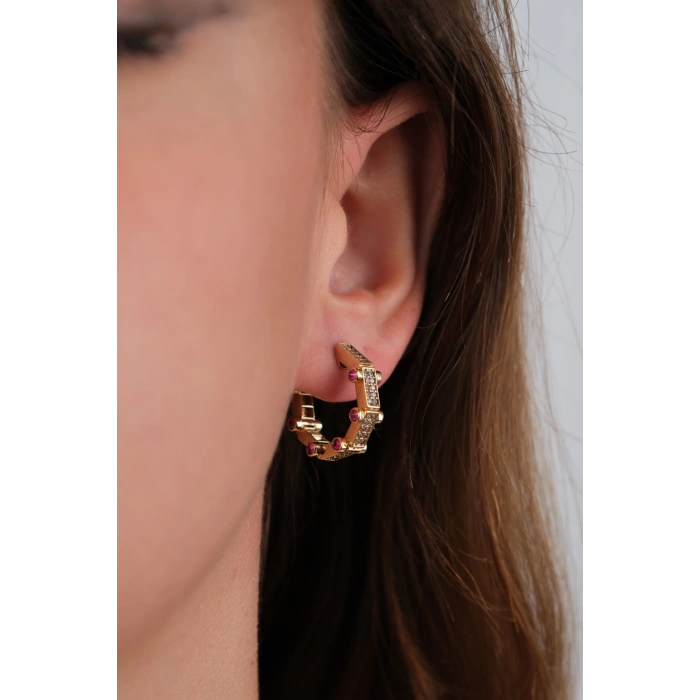 14 Ayar Altın Pembe Taşlı Küpe 735