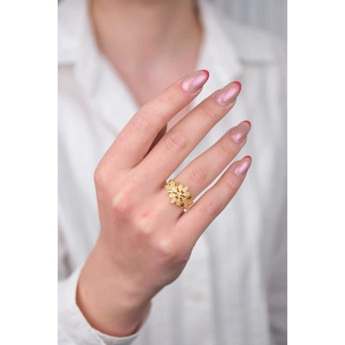 14 Ayar Altın Taşlı Çiçek Desen Yüzük 726
