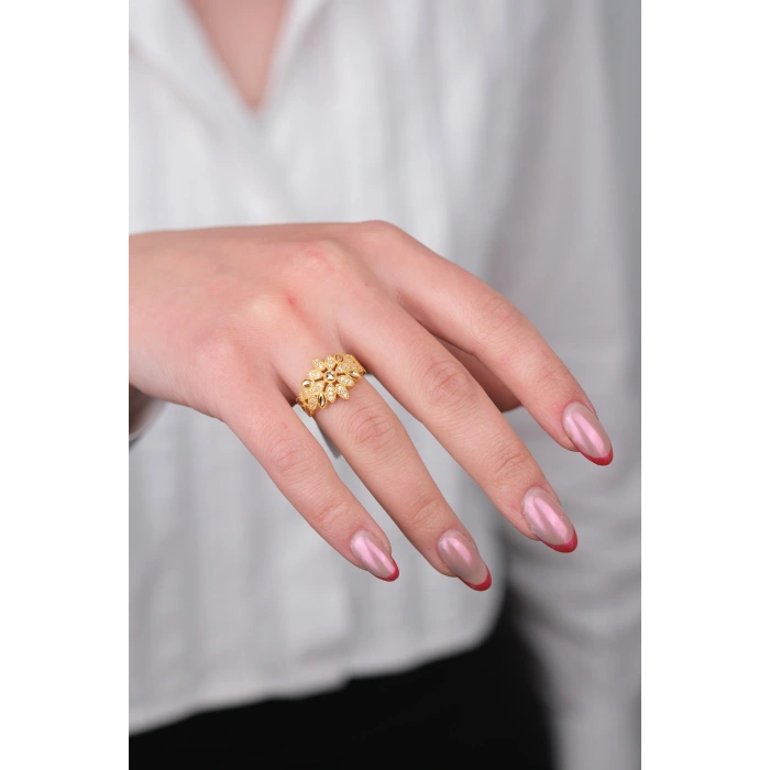 14 Ayar Altın Taşlı Çiçek Desen Yüzük 726