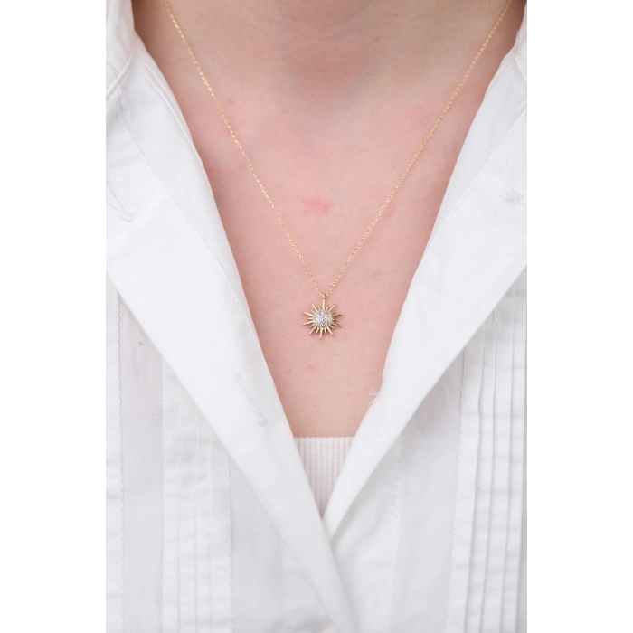 14 Ayar Altın Taşlı Güneş Kolye 676