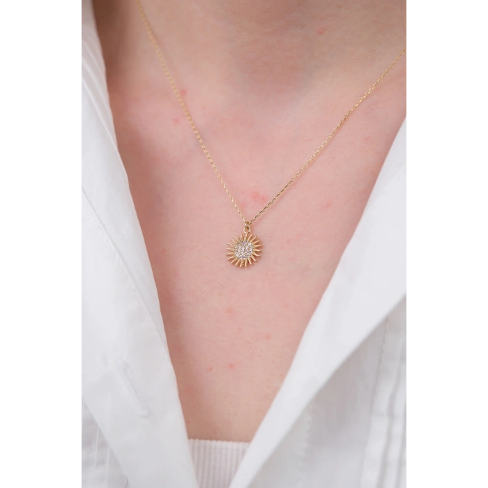 14 Ayar Altın Taşlı Güneş Kolye 729