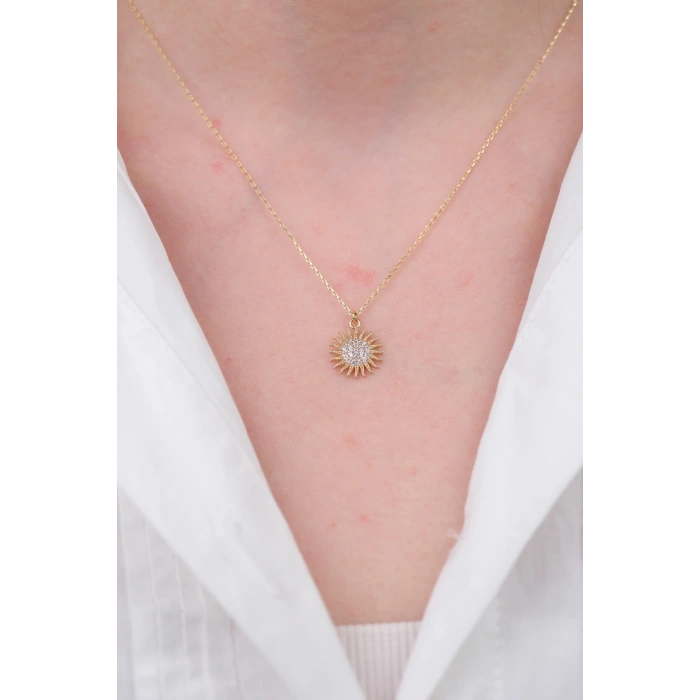 14 Ayar Altın Taşlı Güneş Kolye 729