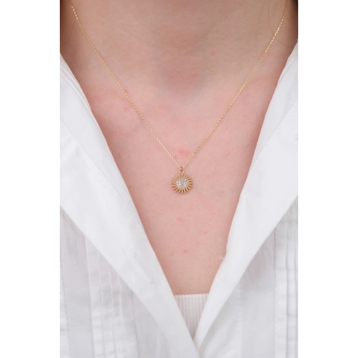 14 Ayar Altın Taşlı Güneş Kolye 729