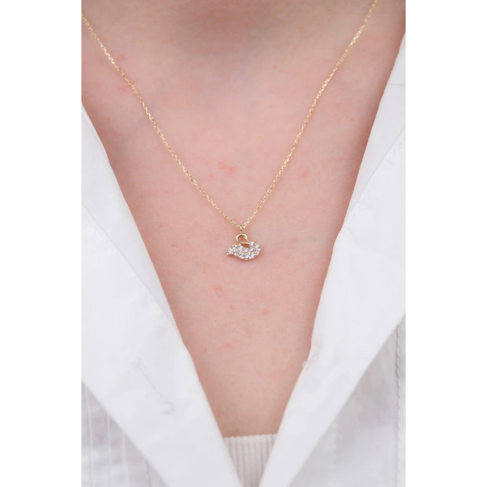 14 Ayar Altın Taşlı Kuğu Figürlü Kolye 420