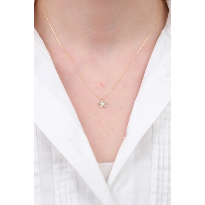 14 Ayar Altın Taşlı Minimal Yıldız Kolye 418