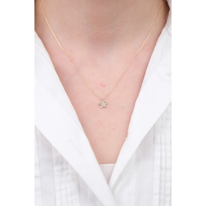 14 Ayar Altın Taşlı Minimal Yıldız Kolye 418