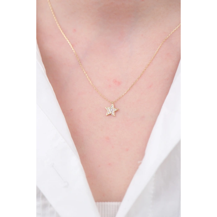 14 Ayar Altın Taşlı Minimal Yıldız Kolye 418