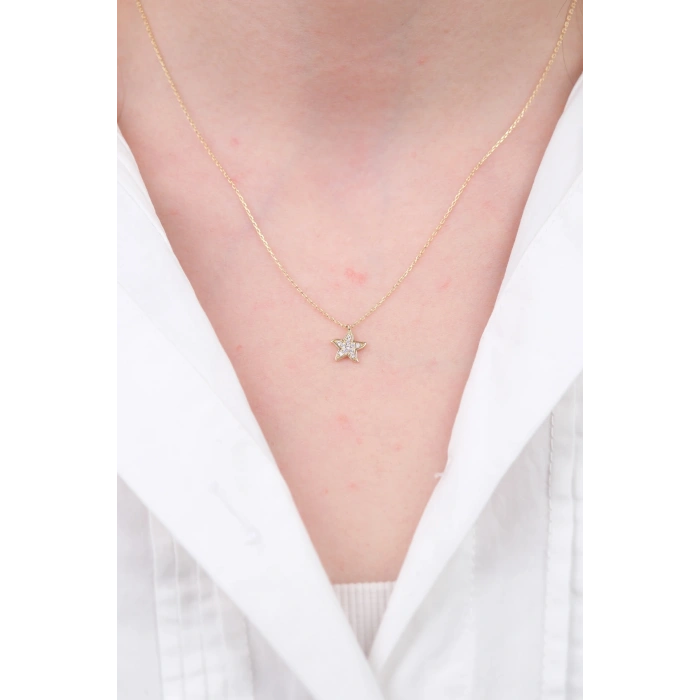 14 Ayar Altın Taşlı Minimal Yıldız Kolye 418