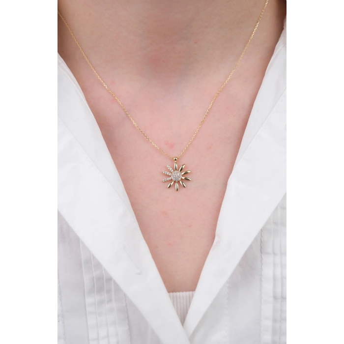 14 Ayar Altın Taşlı Papatya Kolye 875