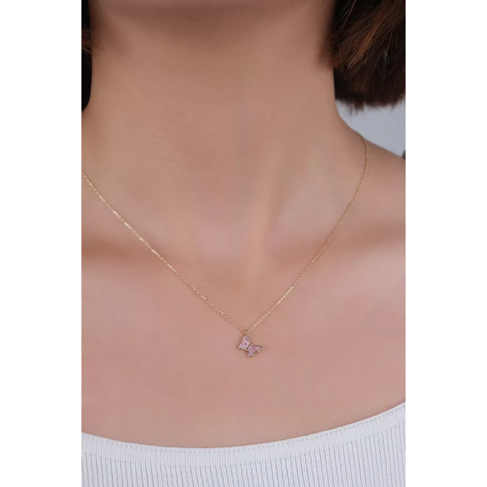 14 Ayar Altın Pembe Kelebekli Kolye