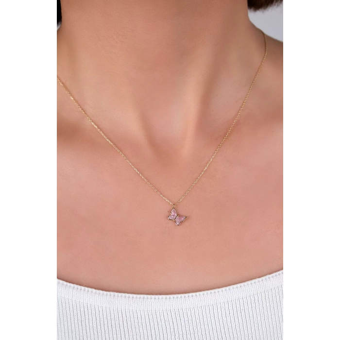 14 Ayar Altın Pembe Kelebekli Kolye