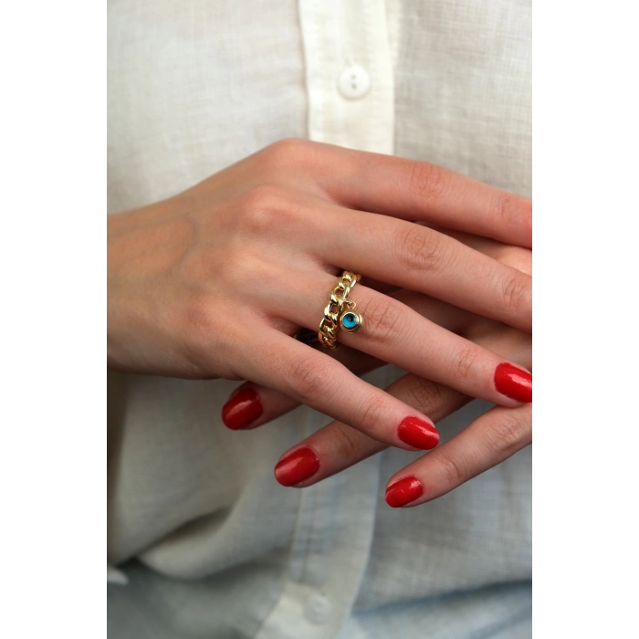 Güzide 14 Ayar Altın Nazar Boncuk Sallantılı Gurmet Yüzük