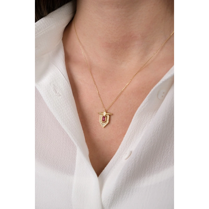 14 Ayar Altın Pembe Taşlı Kolye 64