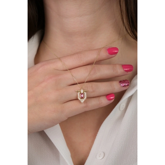 14 Ayar Altın Pembe Taşlı Kolye 64