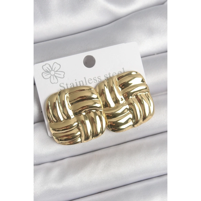 316 Çelik Gold Renk İşlemeli Kare Plaka Model Kadın Küpe